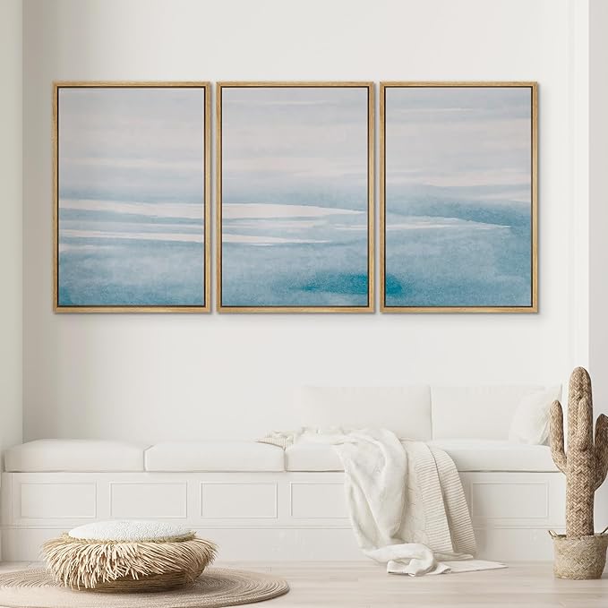 SIGNWIN 3 Piece Framed Canvas Wall Art Blue Sky Watercolor Nature Wilderness Illustrations Abstract Traditional Relax/Calm Home Artwork Decoration for Living Room,Bedroom - 16"x24"x3 Natural