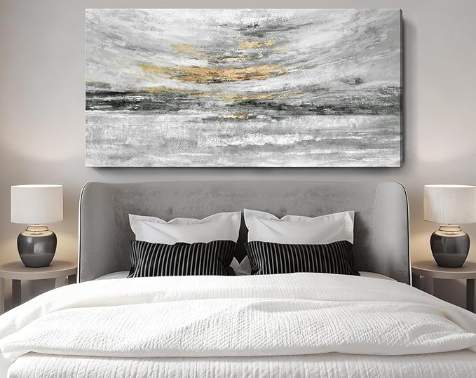 Nicetop 58x29" Modern Minimalist Black & White Abstract Coastal Wall Art with Metallic Gold Accents – Gallery Wrapped Abstract Ocean Waves & Clouds Canvas Art, Ready to Hang for Living Room Wall Decor, Bedroom Wall Art & Office Wall Decor