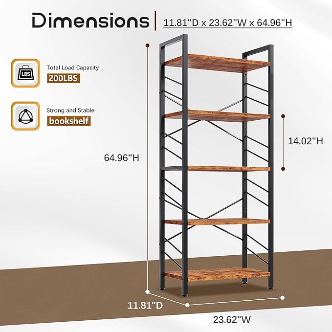 Book Shelf, Industrial 5 Tier Tall Bookshelf, Modern Display Storage Shelves with Metal Frame and Sidebars, Bookcase for Bedroom, Living Room and Home Office, Rustic Brown