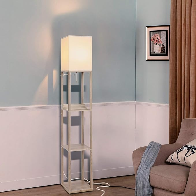 Brightech Maxwell Charger - Modern Shelf Floor Lamp with USB Charging Ports & Electric Outlet - Corner Display Floor Lamps with Shelves for Living Room, Bedroom and Office - Rustic Wood