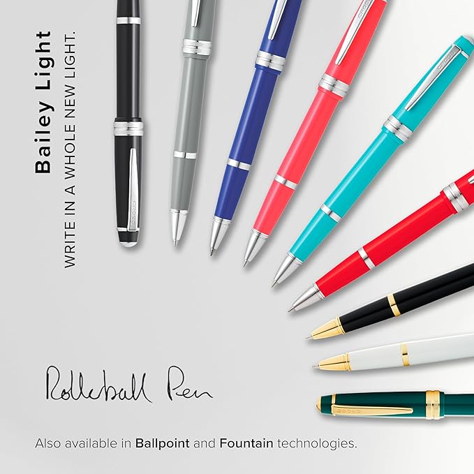 Cross Bailey Light Polished Blue Resin Rollerball Pen - Professional Pen for Effortless Writing - Journaling, Note-Taking & More - Black Ink - Easy Handling - Includes Gift Box