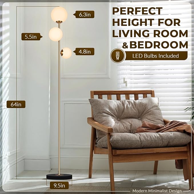 Soilsiu 3 Globe Floor Lamp - Mid Century Modern Standing Light with 3 Color Temperatures, LED Bulbs, Frosted Glass Shades for Living Room (Gold)