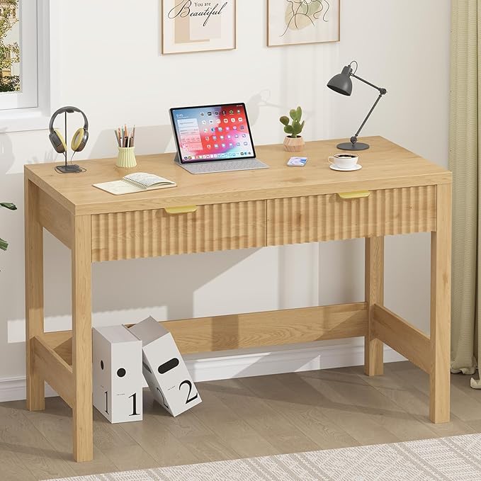 Fluted Computer Desk with 2 Drawers, 39 Inch Small Computer Desk with Storage, Compact Writing Study Desk for Small Spaces