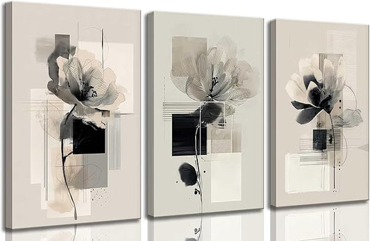 3Pcs Modern Abstract Floral Canvas Wall Art Minimalist Neutral Beige And Black Flower Botanical Painting Picture Wall Decor Poster Print Artwork for Living Room Bedroom Home Decoration