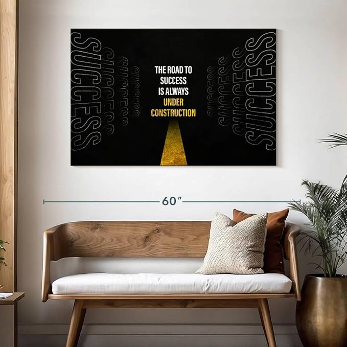 ElephantStock - Work On Your Road To Success Wall Art - Horizontal Canvas Wall Art - Home Office Wall Decor - Digital Art Inspirational And Typography Canvas Art - Black And White Decor - 48" x 32"