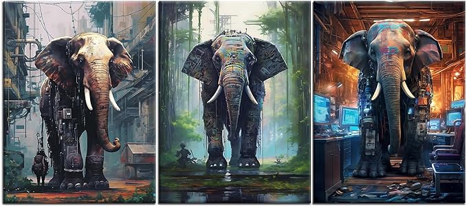 Animal Canvas Wall Art Cyberpunk Style Giant Machine Elephant HD Picture Painting Theme Abstract Poster Print Wall Decor for Modern Home Bathroom Kitchen Workplace Ready to Hang [36''W x 16''H]