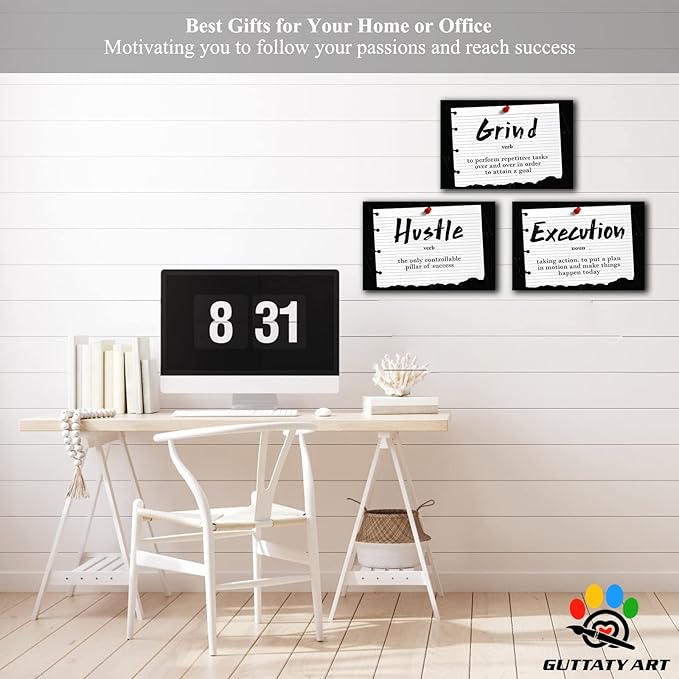 Office Wall Art - 3 Panel Motivational Wall Art, Inspirational Quotes Canvas Art for Home Office Wall Decor, Positive Quotes Wall Decor, Entrepreneur Grind Hustle Execution Poster Frame (12”x18”x3Pcs)