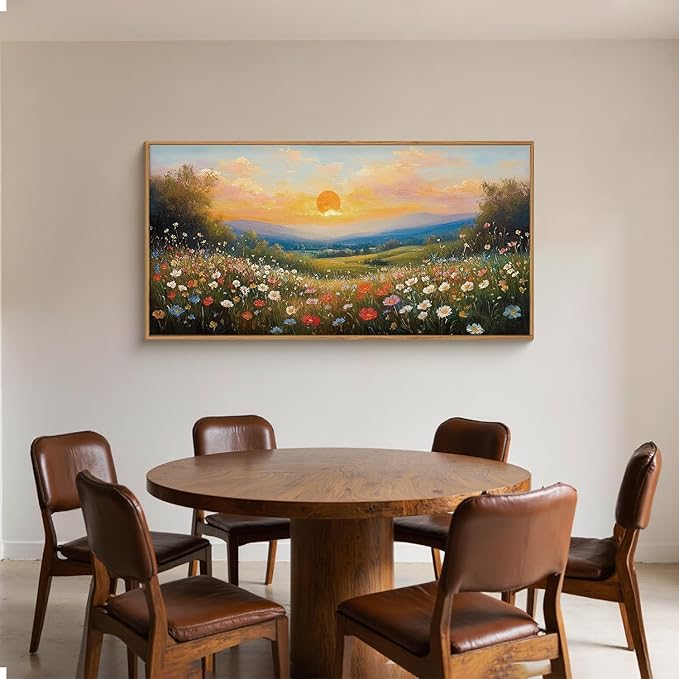 HOURIA Watercolor Spring Floral Meadow Landscape Framed Canvas Wall Art Set,Boho Vibrant Colorful Wildflower Decor,Modern Sunset Nature Inspired Scenery Artwork for Living Room,Bedroom,Farmhouse-20"x40"x1