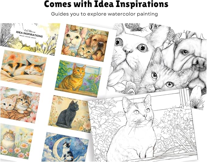 Artwink Watercolor Coloring Cards – Cat Theme, 15 Sheets (5x7 Inches, 300gsm), Works with Watercolor, Colored Pencils, or Markers, Great for Coloring Book Lovers & Watercolor Painting Practice