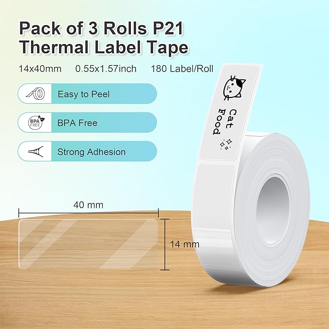 Nelko Green Label Maker Machine with Tape, P21 Bluetooth Label Printer, Adapted Label Print Paper, 14x40mm (0.55"x1.57"), Office Labeling Tape Replacement, 180 Tapes/Roll, 3 Rolls, Transparent