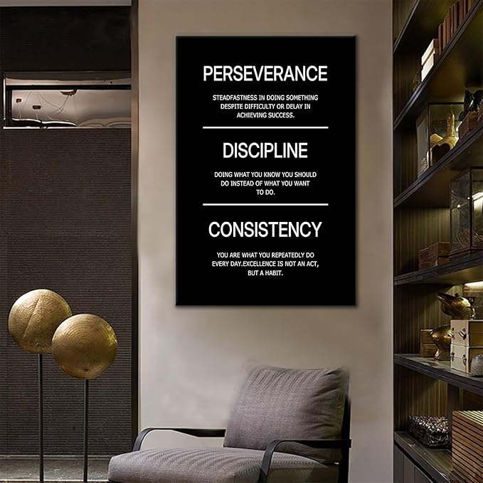 Motivational Office Poster Decor Inspirational Canvas Wall Art Perseverance Discipline Consistency Success Quotes Picture Painting Artwork for Classroom School Stretched and Framed [24''Wx36''H]