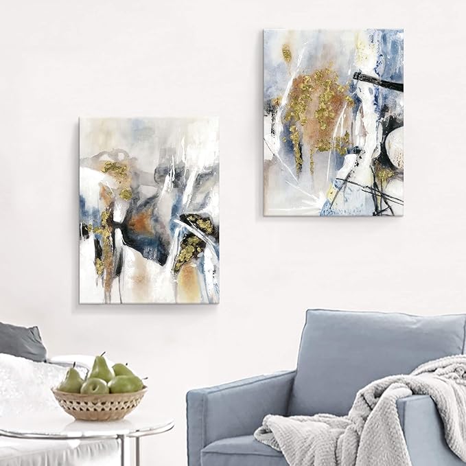 Hardy Gallery Abstract Canvas Wall Art Picture: Splash Gold Foils Artwork Painting Print on Canvas for Living Room (18'' x 24'' x 2 Panels)