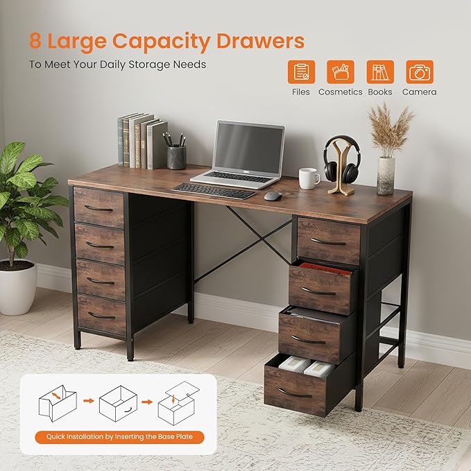 Sweetcrispy Desk with 8 Fabric Storage Drawers, Computer Office 47 Inch Gaming Writing Study Table with X-Shaped Reinforced Structure for Home Office Bedroom PC Desk, Brown