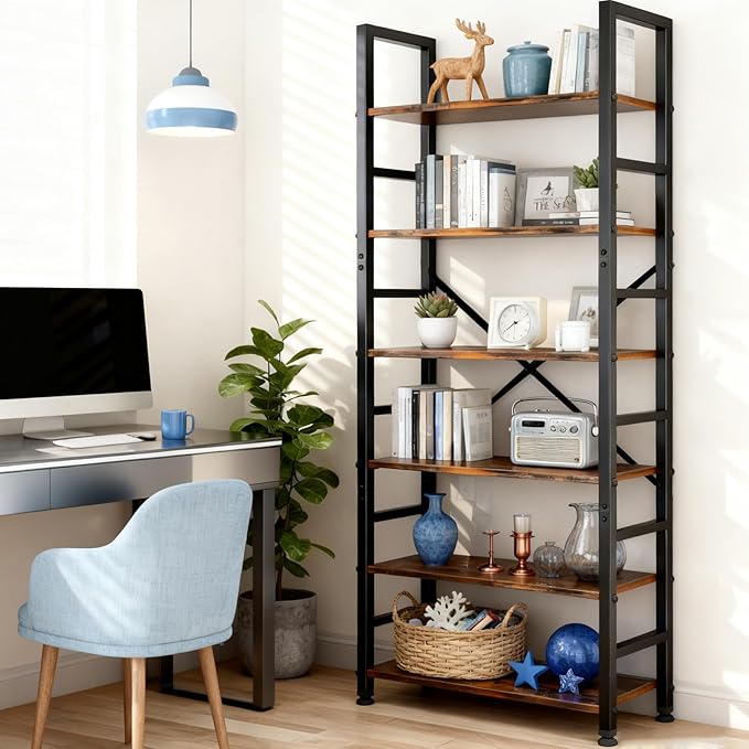 6 Tier Bookshelf, 72'' Tall Bookcase, Book Storage Shelves, Wood Book Shelf Organizer for Bedroom, Living Room and Home Office, Vintage