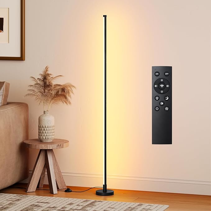 Corner Lamp, Minimalist Floor lamp with Remote Control, Dimmable Corner Light,Corner Floor Lamp for Living Room, Bedroom, Home Office, 7 Color Temperature 3000K-6000K (black-56.7in, 1 Pack)