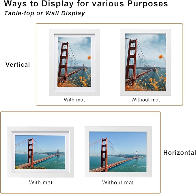 KINLINK 5x7 Picture Frame White Set of 6, Wooden Photo Frames Matted 4x6 with Plexiglass for 4x6 with Mat or 5x7 without Mat for Table and Wall Display
