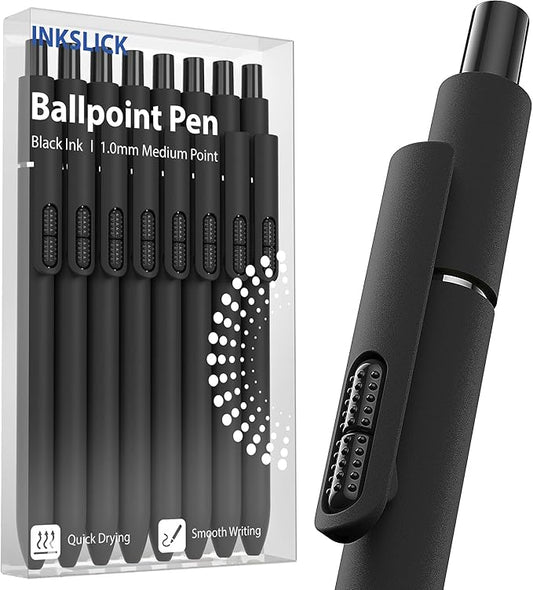 InkSlick- 8 Pcs Black Ballpoint Pens - 1mm Medium Point Black Ink Pens | Smooth Writing Fidget Pen for Men Women Nurse Teacher Office School Work (Black-8 Pack)