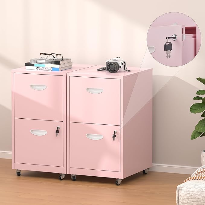2 Drawer Rolling File Cabinet with Lock,Filing Cabinets for Home Office,Two Drawer File Cabinet, Mobile Under Desk File Cabinets,Printer Stand with Wheels Fit Letter/A4,Assembly Required