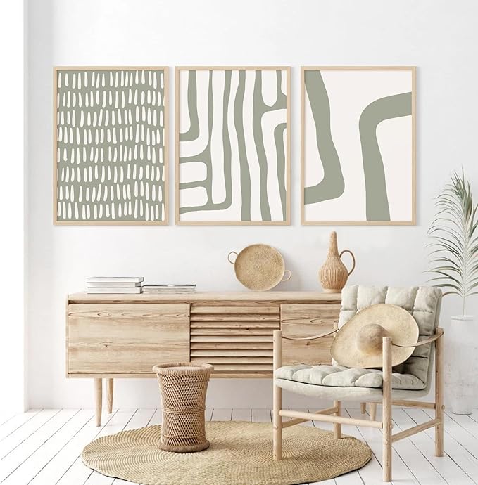 Minimalist Neutral Wall Art Decor Sage Green Boho Canvas Poster Abstract Modern Painting Wall Art Mid Century Beige Pictures Prints Gallery Line Wall Art for Bedroom 16x24 Inch Unframed Set of 3