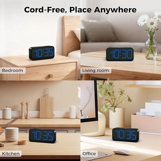 Battery Operated Digital Clock: Cordless Small Alarm Clock for Bedroom Travel - Large Numbers 4 Dimmers for All Ages Blue Digits