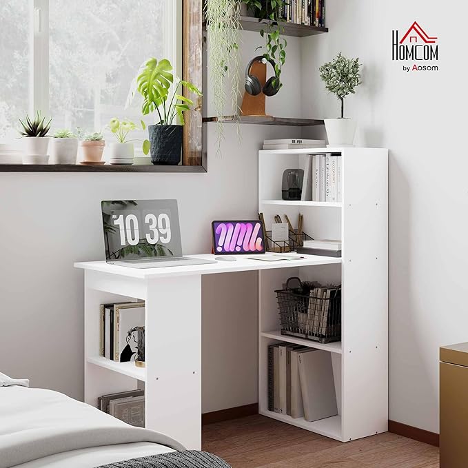 HOMCOM Modern Home Office Desk with 6-Tier Storage Shelves, 47" Writing Desk with Bookshelf, White