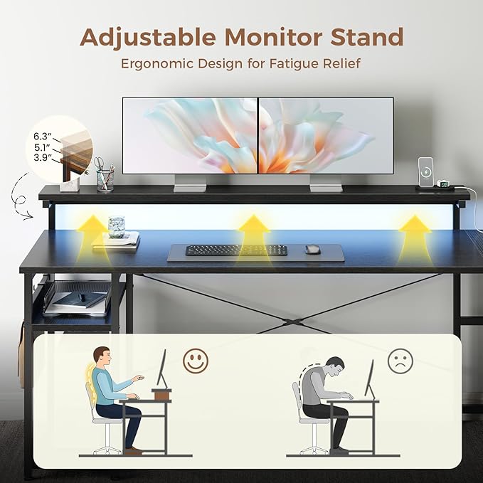 AODK 61" L Shaped Desk with Drawer, Computer Desk with Power Outlets & LED Lights, Reversible Corner Gaming Desk for Home Office Workstation, Office Desk with Monitor Shelf, Pure Black