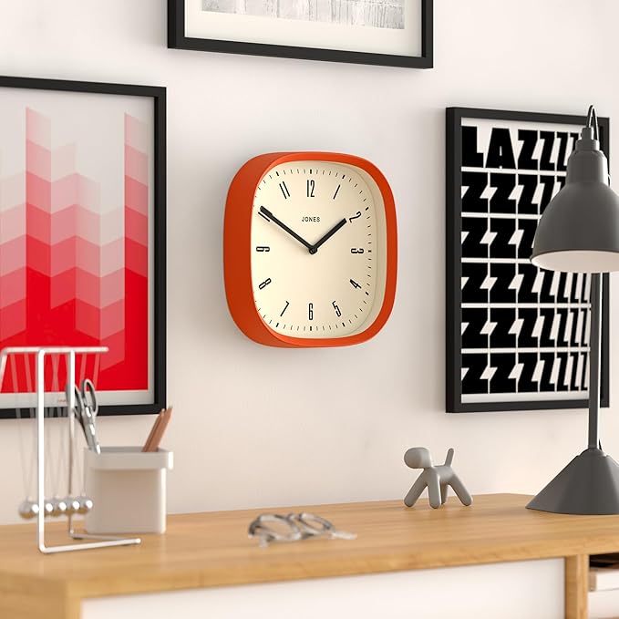 JONES CLOCKS® Marvel Wall Clock | Modern Retro Rounded Square Clock | 10 inch | Orange | Cool Designer Look for Kitchen, Living Room or Office