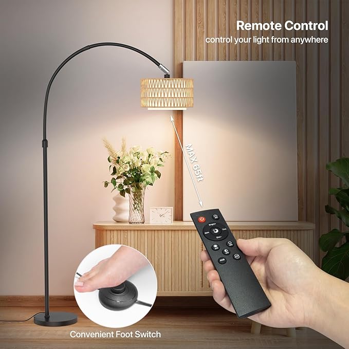 Arc Floor Lamp with Remote Control, Dimmable LED Floor Light with 3 Color Temperature, Black Standing Lamp with Rattan & Fabric Double Drum Shade, Boho Farmhouse Tall Floor Lamp for Living Room