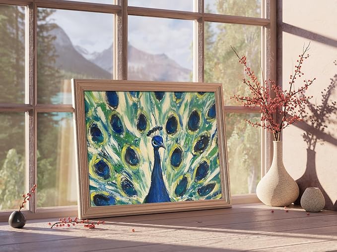 Kizbook Vintage Peacock Wall Art Prints, Colorful Peacock Oil Painting, Boho Bird Wall Decor Pictures for Gallery Bedroom Bathroom Wall Decor(8" x 10"-UNFRAMED)