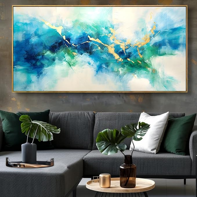 Wall Art Abstract Canvas Painting Green Blue and Gold Fantasy Wall Decor Modern Artwork for Bedroom Living Room Dining Room Home Office Decor 30"x60" with Framed