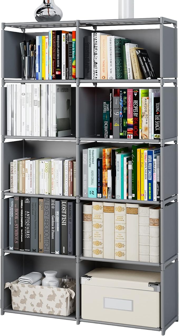 MOYIPIN Bookshelves, Assembled Storage Rack, Bedroom Living Room Vertical Cabinet Bookshelf, Double Row 10-Grid Multi-Functional Storage Equipment (Grey)