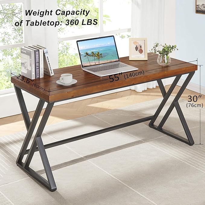 Solid Wood Computer Desk, Modern Real Wood Home Office Desk, Long Rustic Farmhouse Natural Wood Writing Desk, Executive Workstation PC Desk Table for Living Room Bedroom, Brown, 55 inch