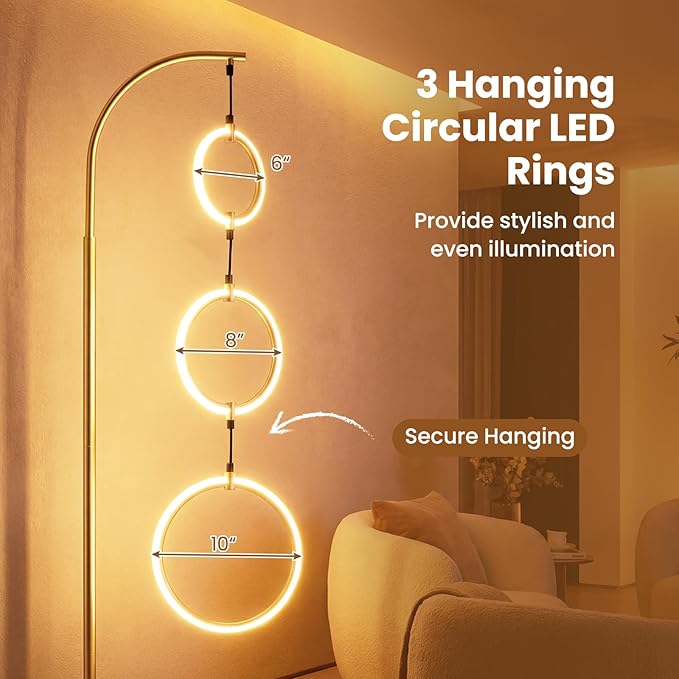Giantex 71'' Modern 3-Ring LED Floor Lamp, Dimmable Standing Lamp with Foot Switch, 3 Color Temperatures Tall Contemporary Light for Living Room, Bedroom, Office, Gold