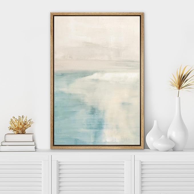 SIGNWIN Framed Canvas Print Wall Art Pastel Watercolor Teal Tan Landscape Abstract Shapes Illustrations Modern Art Minimal Relax/Calm Multicolor for Living Room, Bedroom, Office - 24"x36" Natural
