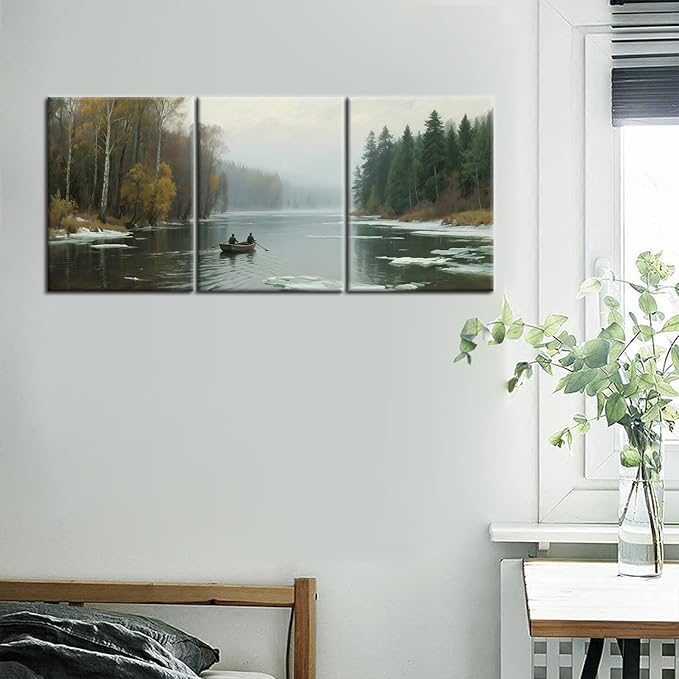 Mountain Landscape Canvas Wall Art Nature and Forest Posters Print Boat and River Scenery Picture Painting for Modern Home Kitchen Bedroom Office Hotel Decoration Artwork Ready to Hang [36''W x 16''H]