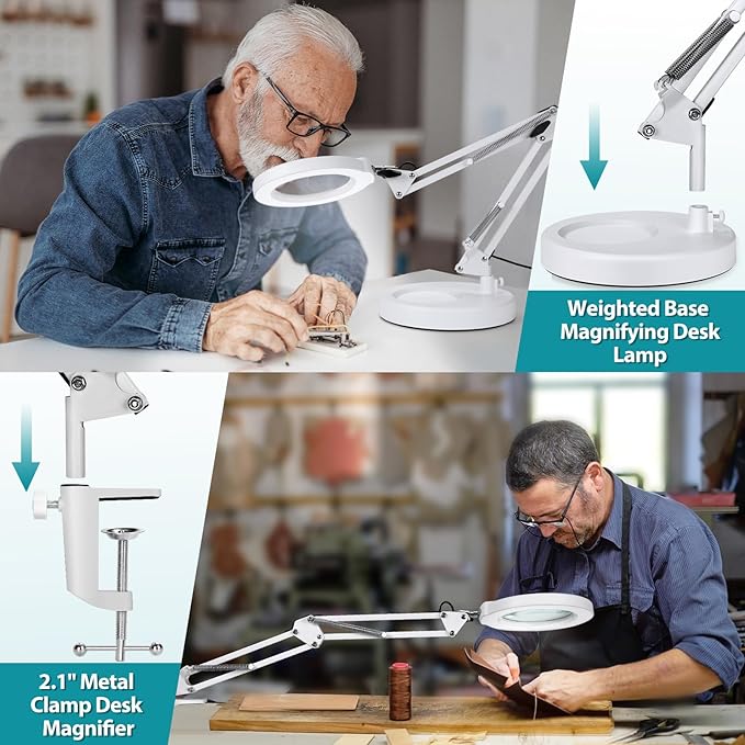 10X Magnifying Glass with Light and Stand, 2-in-1 Desk Lamp & Clamp Light, 5 Color Modes, Brightness Stepless Dimmable LED Lighted Magnifier Hands Free, Magnifier Lamp for Crafts - White