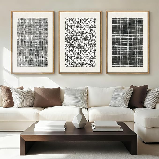 BINCUE Abstract Line Wall Art Set of 3 Modern Neutral Black Wall Decor Geometric Minimalist Artwork Black Abstract Wall Art Framed Modern Paintings for Living Room Bedroom Office Bathroom 24"x36" Gift