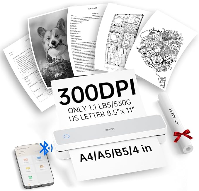 iDPRT Portable Printers Wireless for Travel, Mobile Bluetooth Thermal Printer for Home, Office, Supports 8.5" x 11" US Letter, A4 A5, Compatible with iOS, Android, Laptop, Long(White)