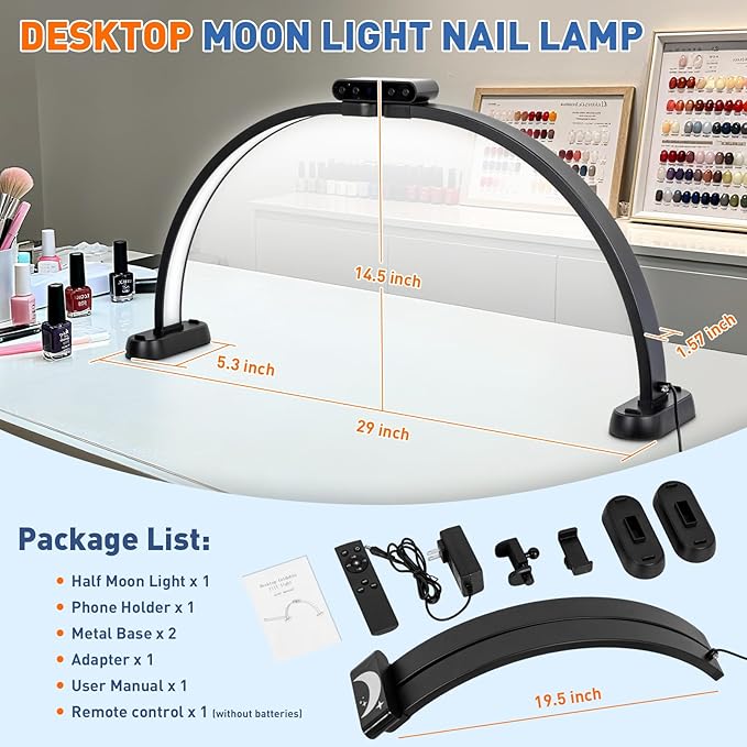 KIRKAS 29inch Large Half Moon Light for Nail Tech, 456 LEDs 3 Color Modes Infinitely Knob Arch Nail Light with Screen and Phone Holder Charging Function, Foldable Lighted Lamp for Manicure,Craft-Black