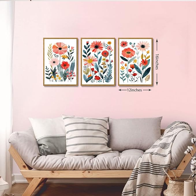 KISSFOX Colorful Wildflower Canvas Wall Art Set Of 3 Flowers Pictures Prints Flowers Printing Floral Watercolors Flower wall Decor Living Room Girls Bedroom Bathroom (Blue Orange, 12"x16" Natural Framed, Framed)