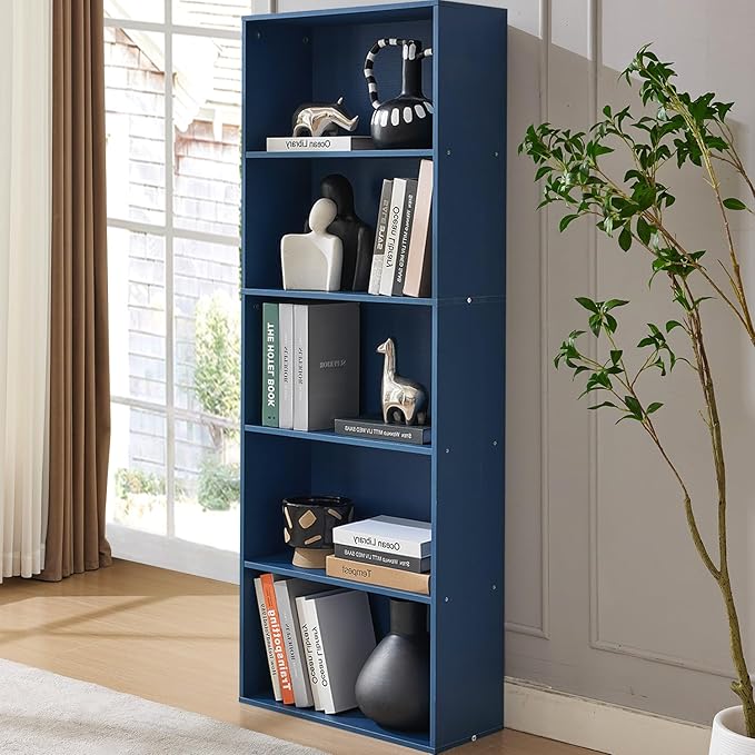 Tall Bookshelves with Cabinet, Office Storage Cabinets and Bookshelf, 5-Tier Wooden Bookcase with Storage, Floor Standing Display Cabinet Shelves for Living Room, Home Office, Blue