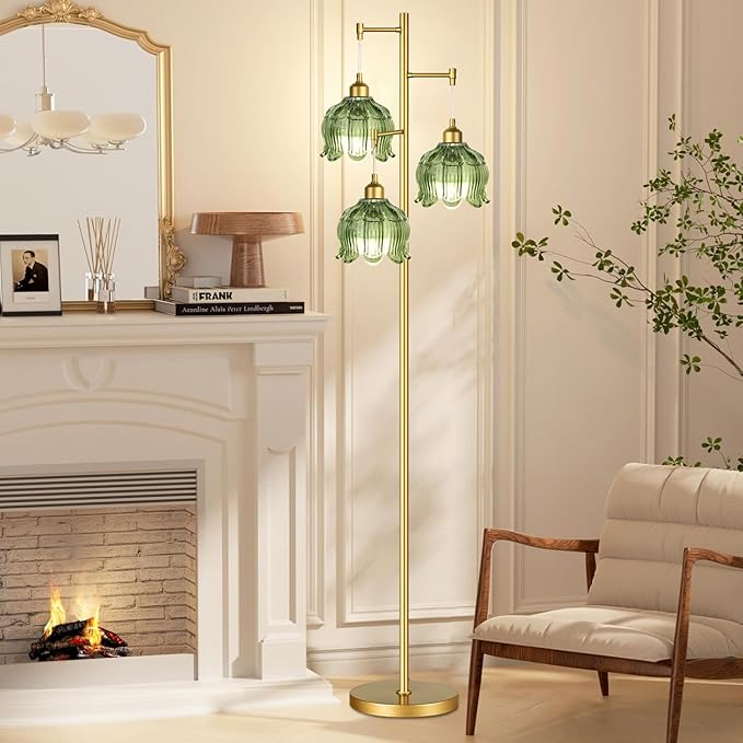 Vintage Floor Lamps for Living Room Bedroom-3 Light Glass Floor Lamp with Three Led Bulb, Modern Mid Century Standing Lamp Brass Tall Lamp Gold Tree Floor Lamp for Bedroom Corner