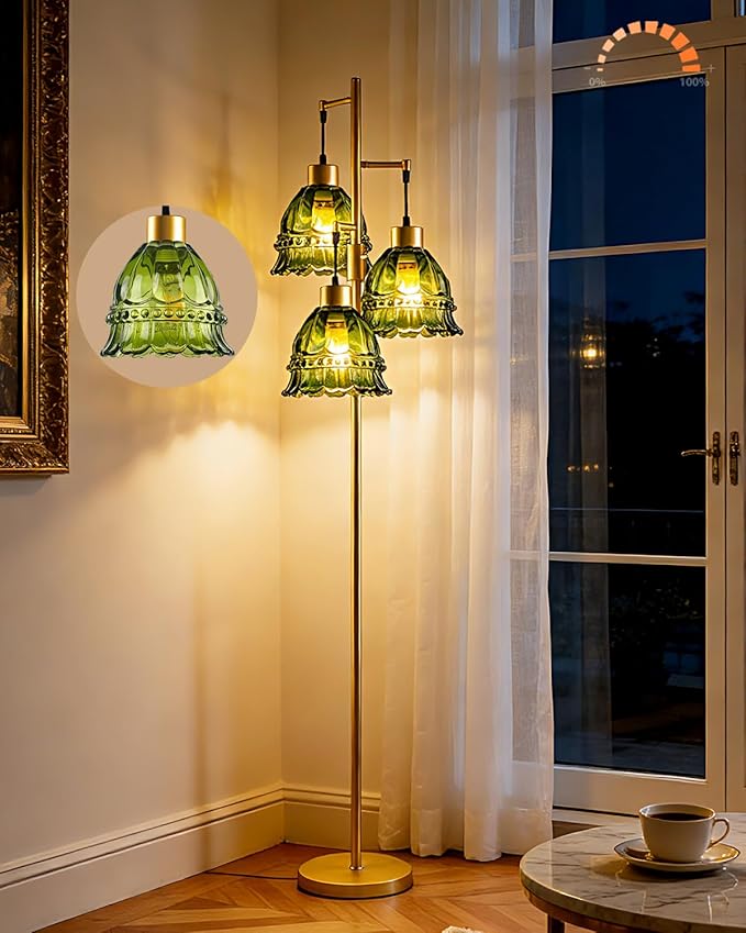 Lightdot 3-Lights Glass Floor Lamp Dimmable Gold Floor Lamp with Green Glass Shade 3000K Bulbs Included Unique Modern Standing Tall Lamp for Living Room/Bedroom/Sofa Beside/Corner Decor