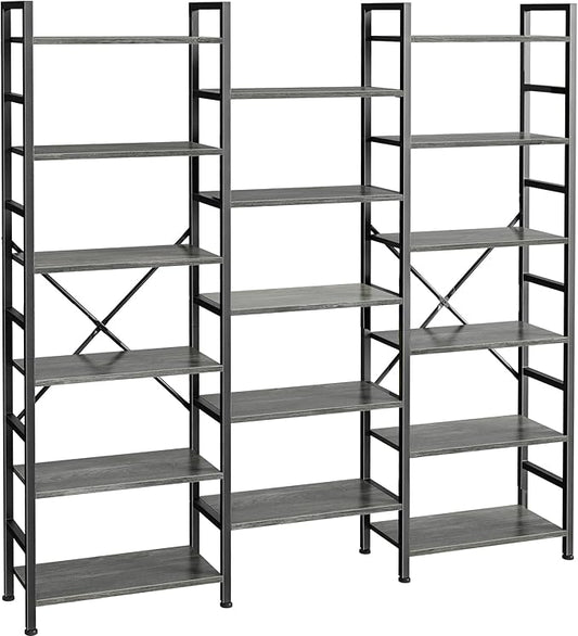 SUPERJARE Triple Bookshelf, Bookcase with 17 Open Display Shelves, Wide Book Shelf Book Case for Home & Office, 6 Tier, Grey