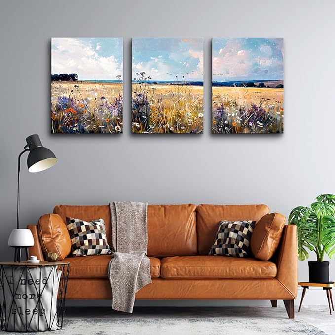 TTHYUEWS Large Wall Art for Living Room Canvas Decor for Bedroom Office - Modern Home Field Scenery Paintings Abstract Pictures Framed Prints Posters Artworks 3 Piece