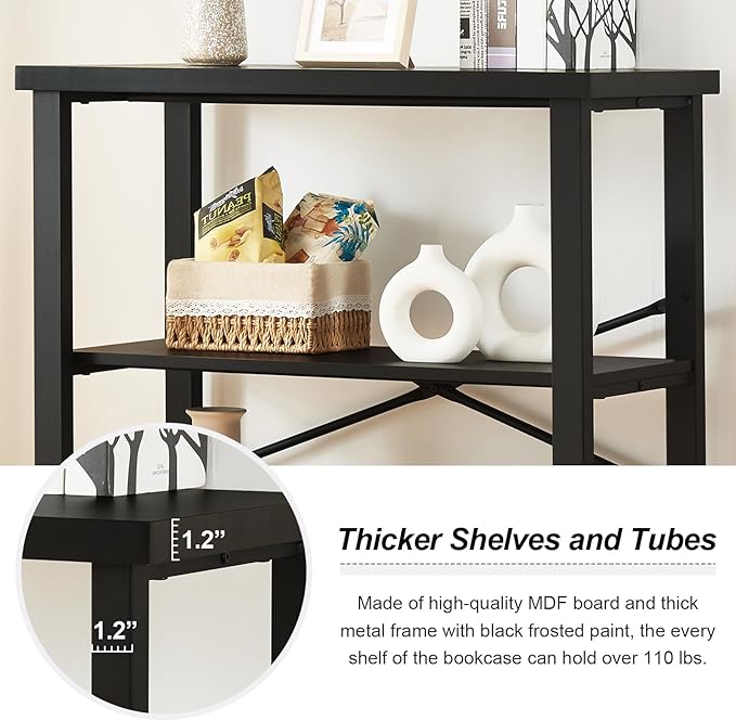 HOMBAZAAR 3 Tier Bookshelf,Black Industrial Book Shelf,Engineered Wood and Metal Small Bookcases,Low Shelf Bookcase for Living Room,Office,Bedroom and Kitchen