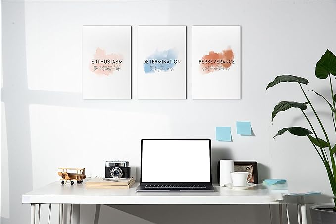 Office Canvas Wall Art Motivational Wall Decor, 3 Piece Enthusiasm Determination Perseverance Print Pictures for Office Wall Decor Women Inspirational Framed Artwork Home Office Decor 12”x18”x3