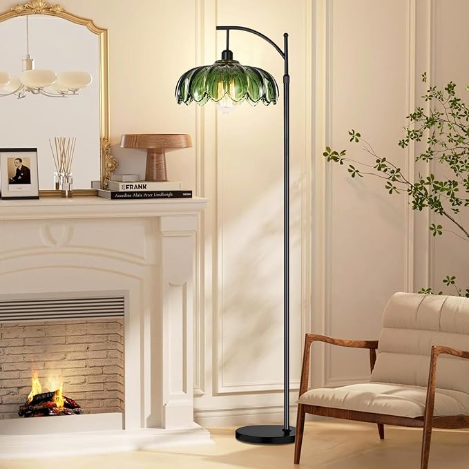 Gold Floor Lamp for Living Room,Bedroom,Standing Lamp with Remote Dimmable Brass Tall Lamp Vintage Retro Mid Century Modern Floor Lamps Arc Green Glass Flower Lamp Floor Light Boho Bohemian