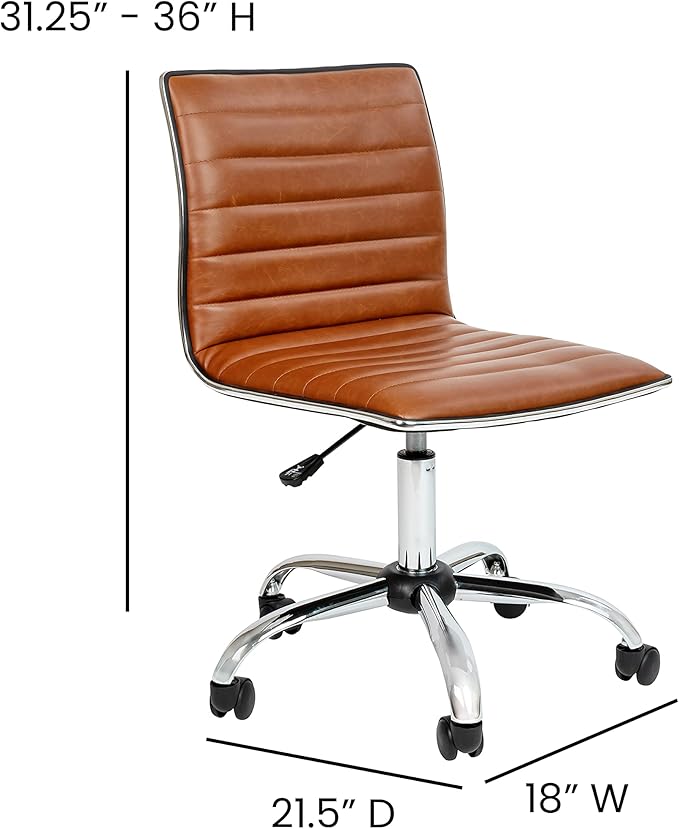 Flash Furniture Alan Office Task Chair - Brown Vinyl - Chrome Frame - Armless - Ribbed Back and Seat - Low Back Design