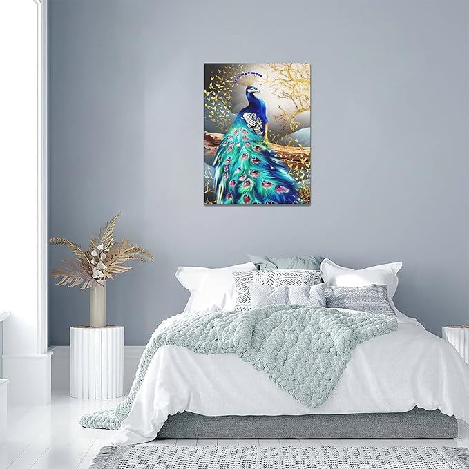 yerretin Peacock Wall Art Peacock Golden Tree Pictures Wall Decor Bird Canvas Painting Modern Decoration Artwork for Bathroom Living Room Bedroom Office Framed 12"x16"